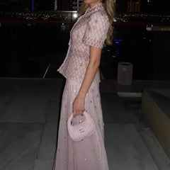 Beaded floor-length evening dress with high neck and short sleeves