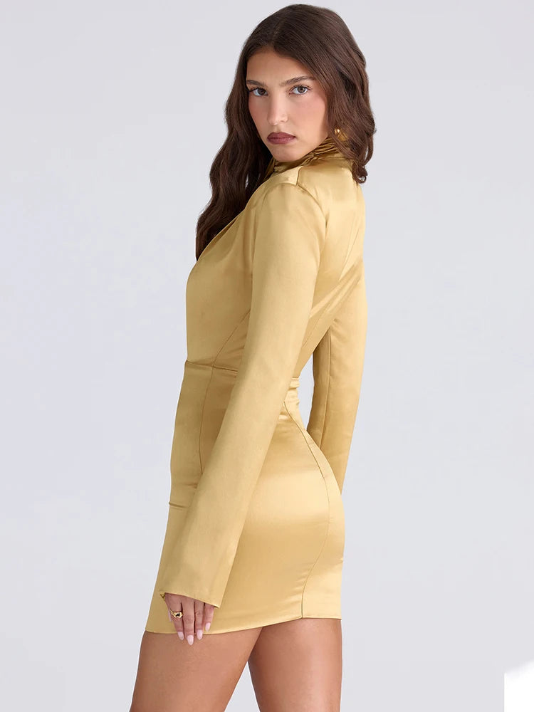 Woman wearing a yellow dress against a white background