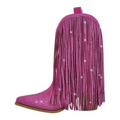 Pink boot with fringes and rhinestones on a white background