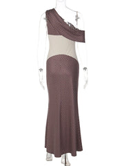Brown Polka Dot One Shoulder Maxi Dress