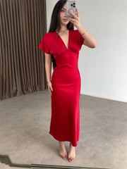 Satin V-Neck Flutter Sleeve Maxi Dress