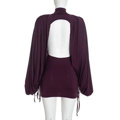 Puff Sleeve Turtleneck Open Back Mini Dress