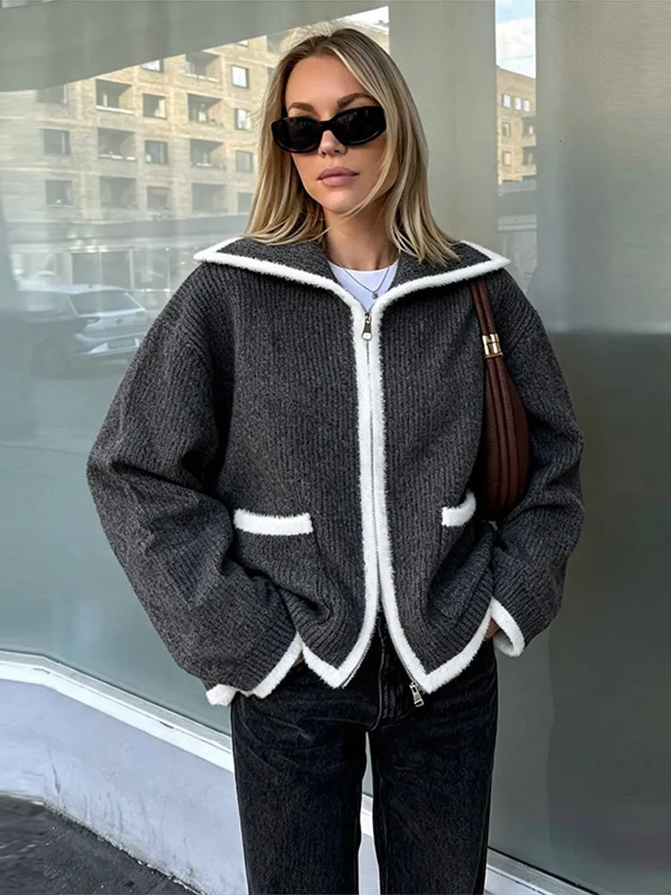 Textured zip-front collar coat in gray