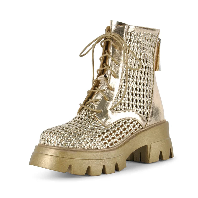 Gold mesh platform lace-up ankle boots