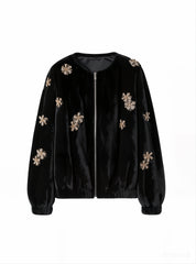 Beaded Brown Faux Fur Bomber Jacket