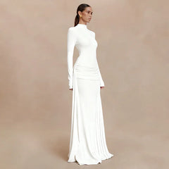 White turtleneck draped maxi dress