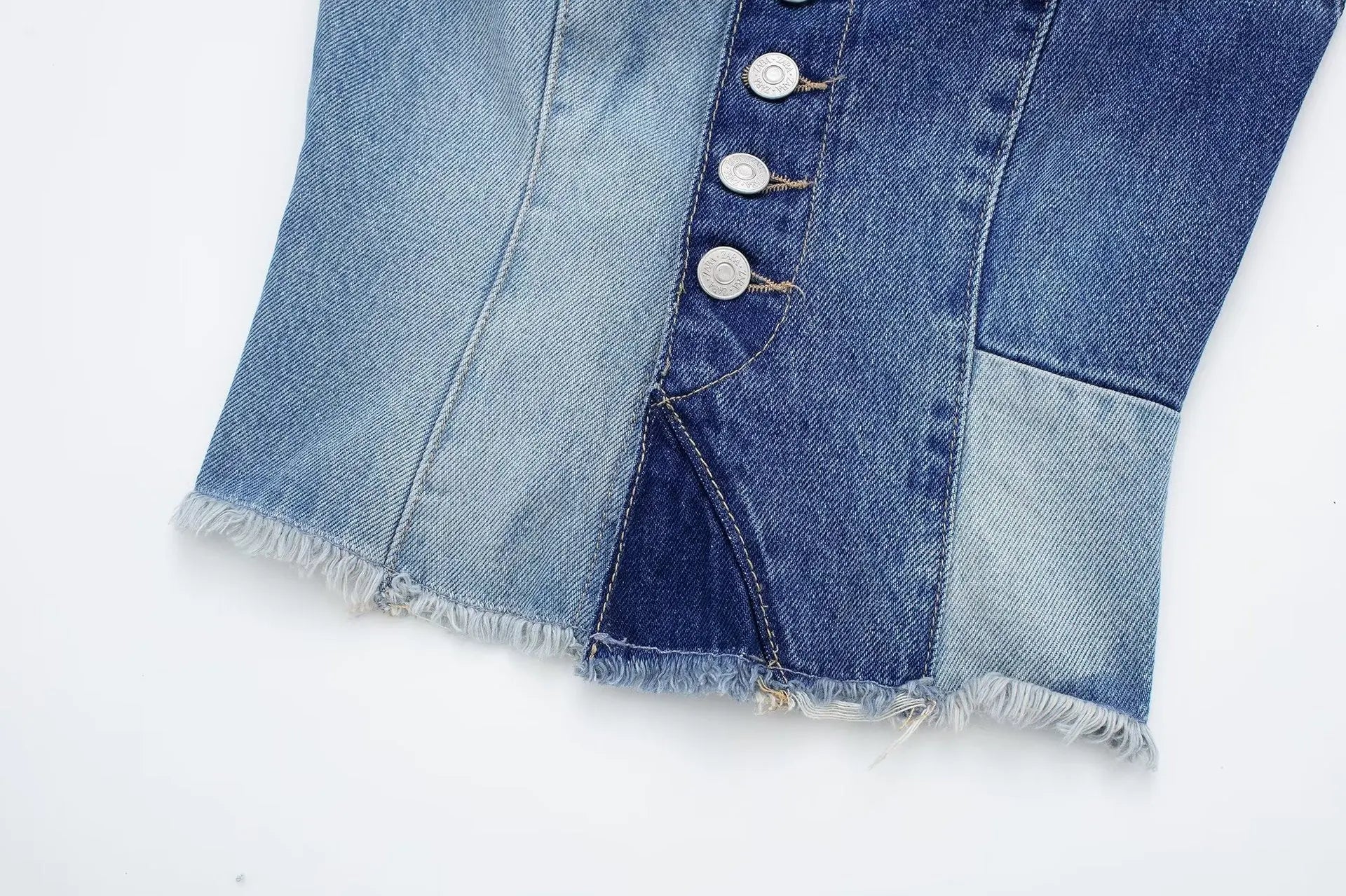 Women's Round Neck Patchwork Denim Vest and Jeans
