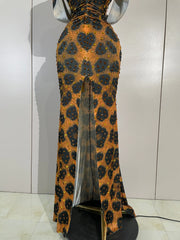 Leopard Print Embellished V-Neck Gown