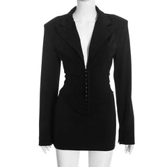 Structured Crop Hook Deep Neck Blazer and Mini Skirt Set