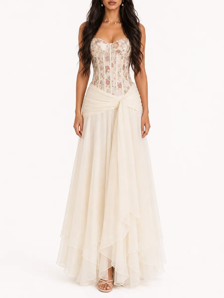 Apricot floral corset maxi dress front view