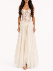 Apricot floral corset maxi dress front view
