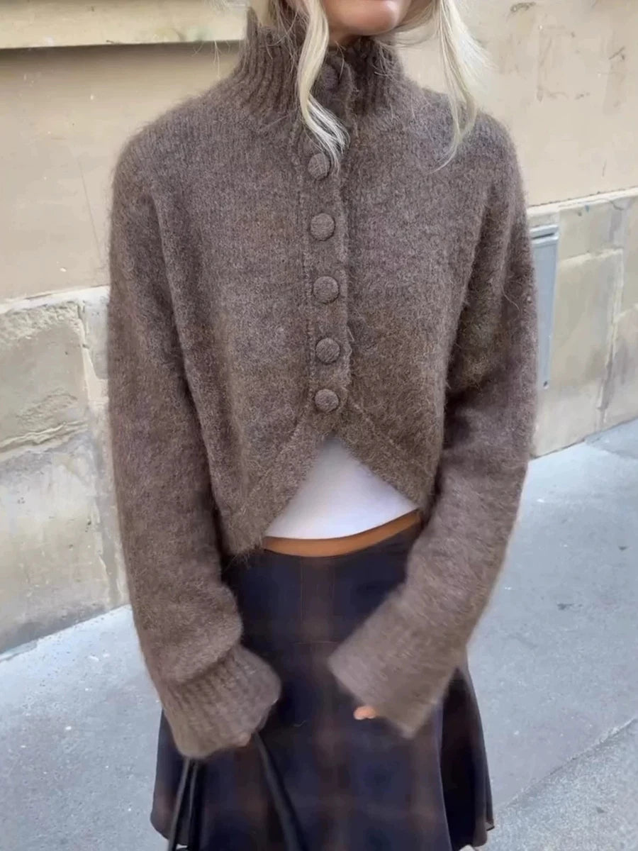 Turtleneck button knit cardigan in brown