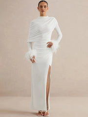 Draped Feather Cuff Maxi Dress