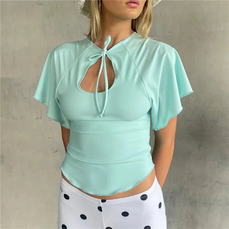 Mint green keyhole tie front flutter sleeve crop top side view