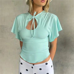 Mint green keyhole tie front flutter sleeve crop top side view