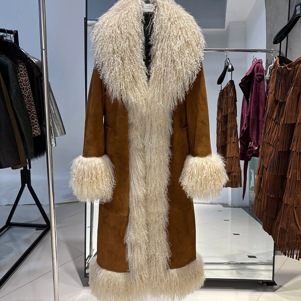 Brown coat with white fur trim on a rack in a store setting