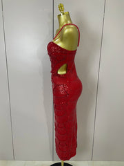 Pearl Beaded Sequins Spaghetti Strap Bodycon Long Dress