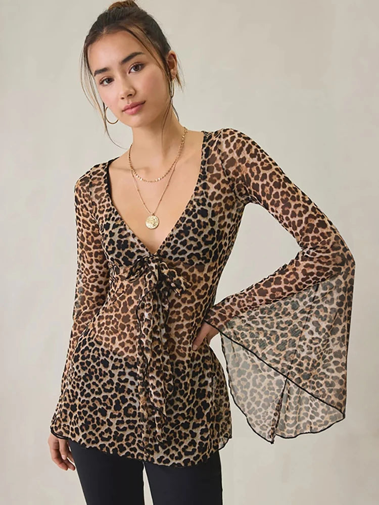 Leopard print tie neck mesh top