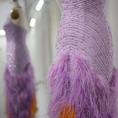 Close-up of the feather detailing and halter neckline on the lilac mermaid gown.  Golden Atelier 2