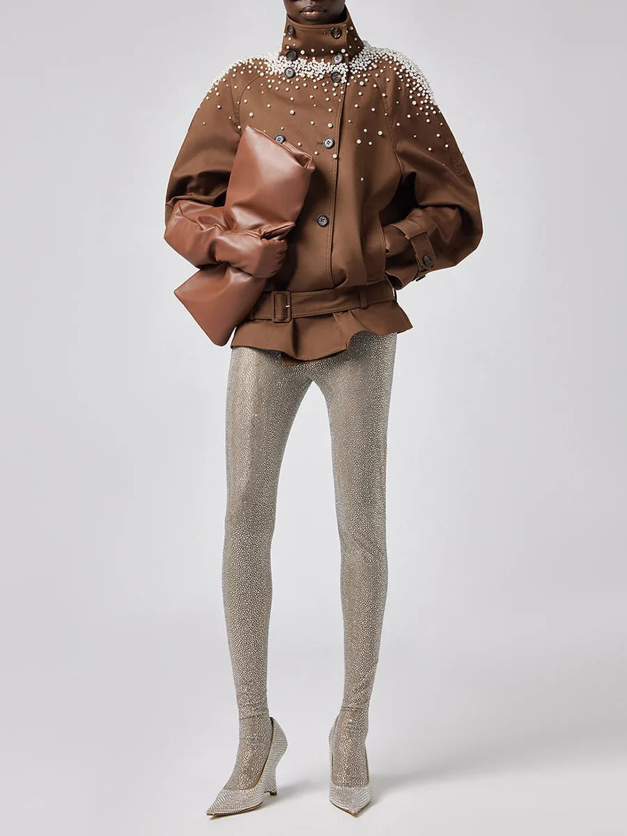 Pearl embellished stand collar jacket side view