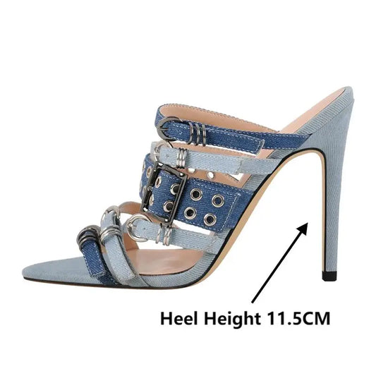 Denim stiletto heel sandals with buckle closure, heel height 11.5cm