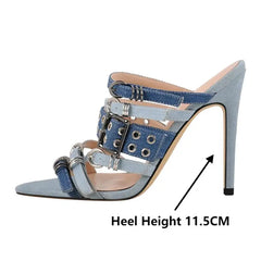 Denim stiletto heel sandals with buckle closure, heel height 11.5cm