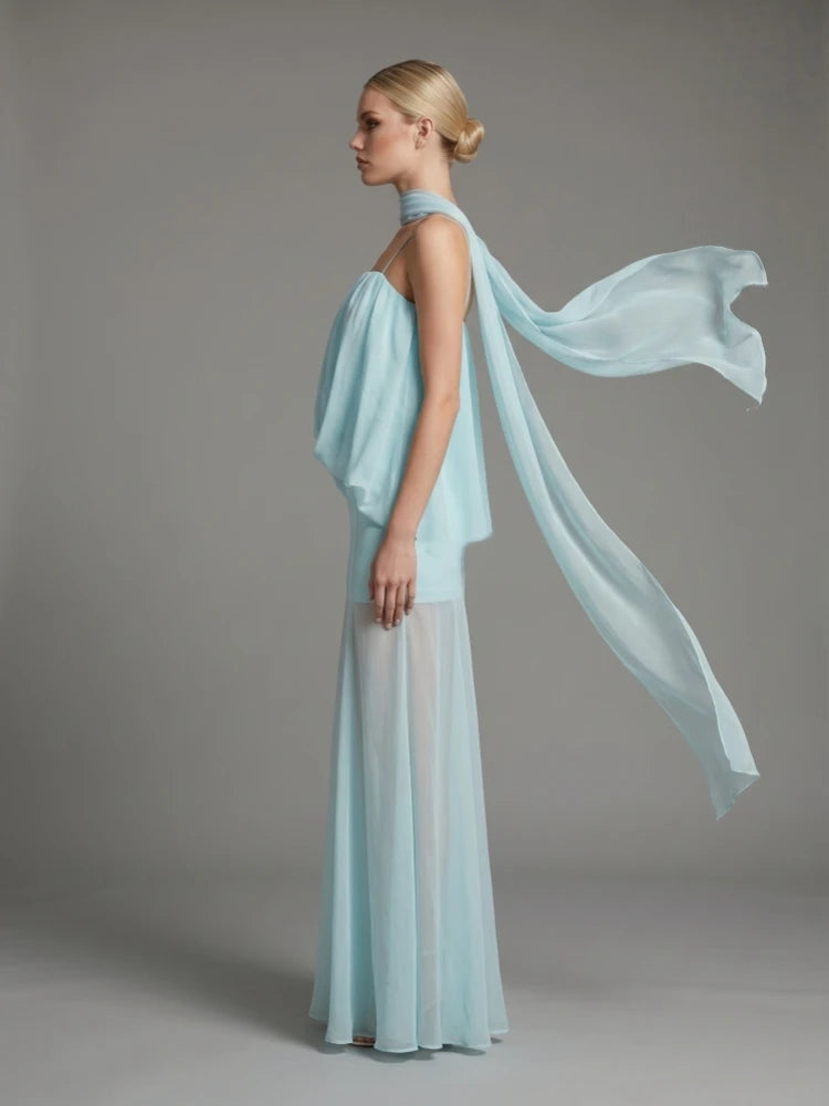 Chiffon spaghetti strap maxi dress with flowing scarf detail