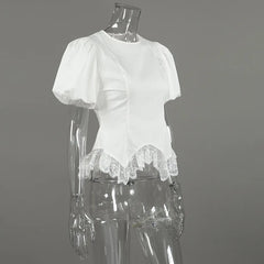 White Puff Sleeve Lace Trim Peplum Top
