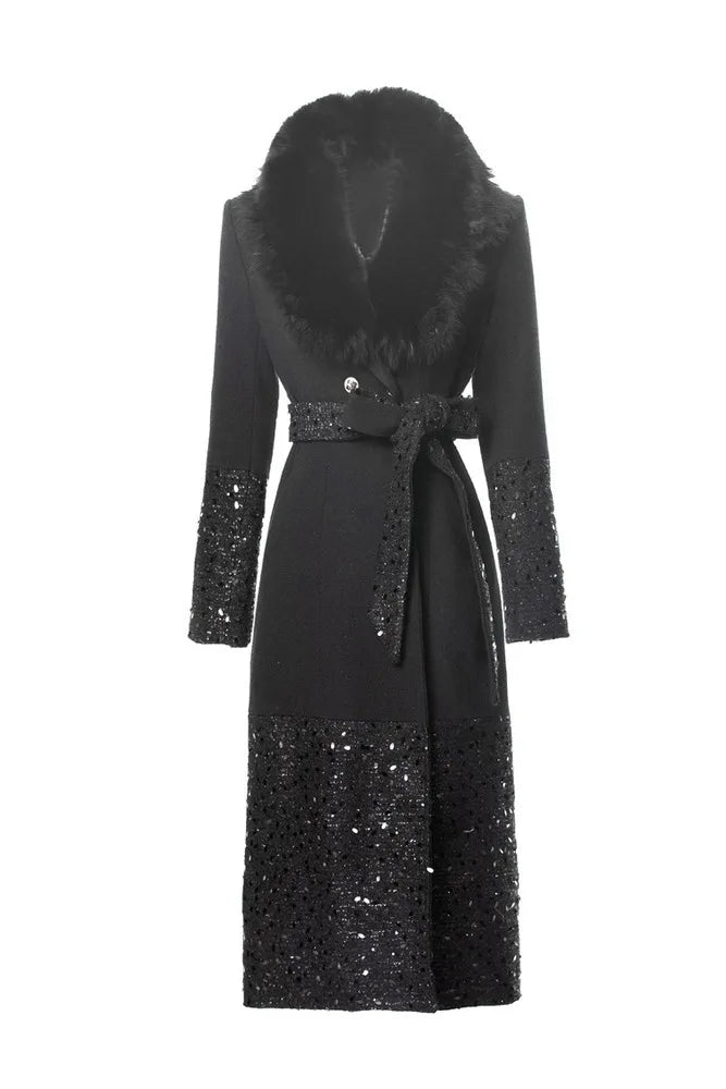 Fur collar sequin spliced wool blend coat front view