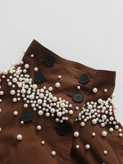 Pearl Embellished Stand Collar Brown Jacket
