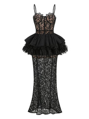 Black Sheer Lace Corset and Flounce Skirt Hem Maxi Dress