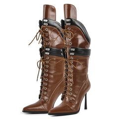 Pointed Toe Lace Up Mid Calf Boots