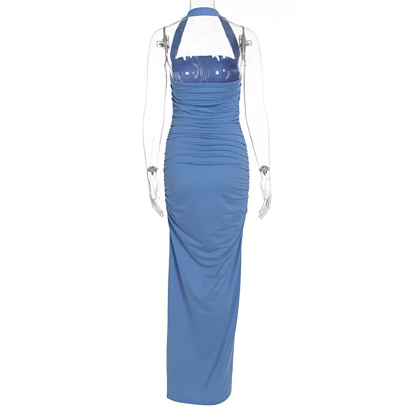 Blue evening gown on a transparent mannequin against a white background