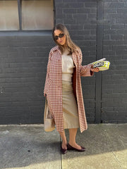 Red Gingham Lapel Long Trench Coat