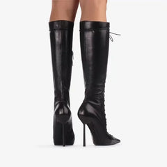 Lace Up Stiletto Heel Knee High Boots
