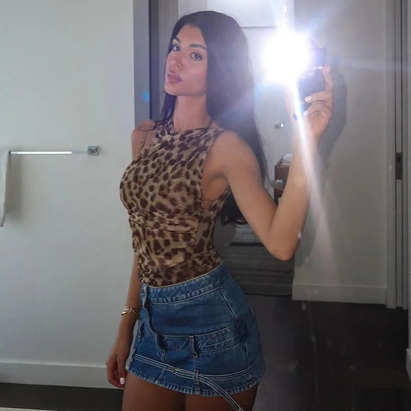 Close-up of leopard print romper fabric