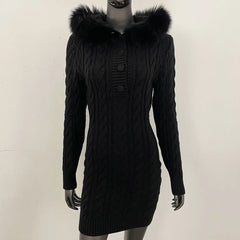 cozy winter knitwear dress with real fox fur