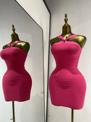 Pink halter neck mini dress with ribbed texture