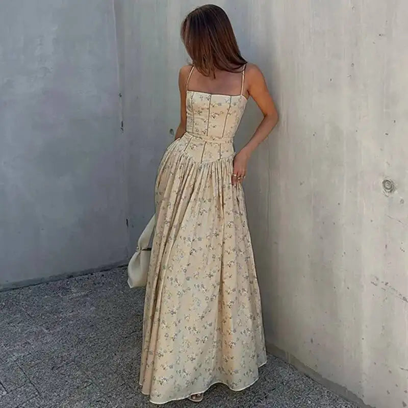 Floral print spaghetti strap A-line maxi dress