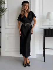 Satin V-Neck Flutter Sleeve Maxi Dress