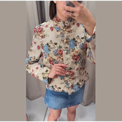Floral Mandarin Collar Cropped Jacket
