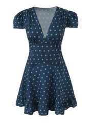 A-line mini dress with V-neck and puff sleeves, front view