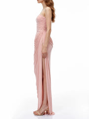 Strapless Lace Up Draped Slit Maxi Dress