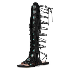 Embellished Lace-Up Fringe Gladiator Sandals