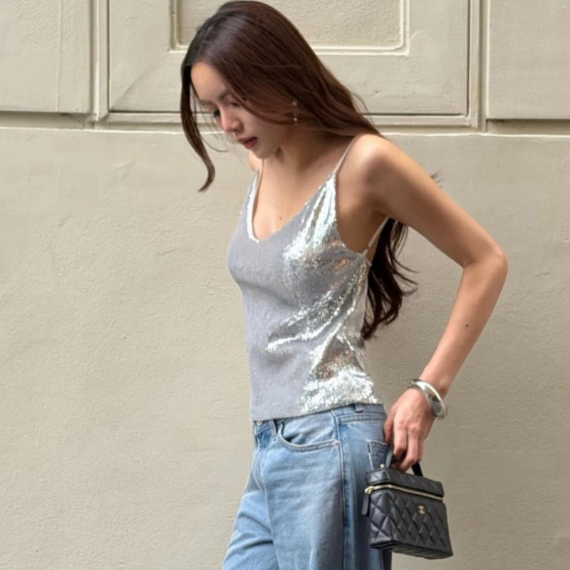Sparkly sequin v-neck camisole top angled view