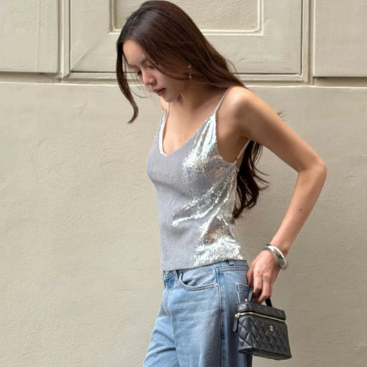 Sparkly sequin v-neck camisole top angled view