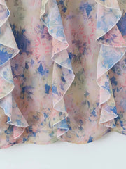 Watercolor Print Spaghetti Strap Trumpet Hem Ruffled Gown