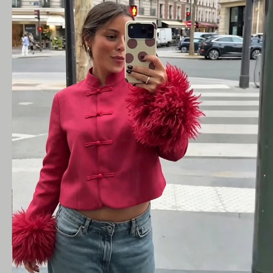 Faux fur cuff mandarin collar cropped jacket red