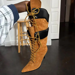 Pointed Toe Lace Up Mid Calf Boots