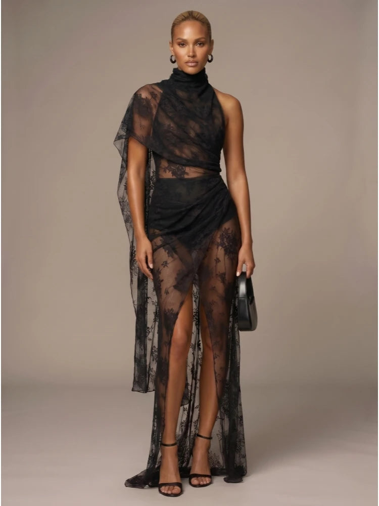 Black draped lace maxi dress